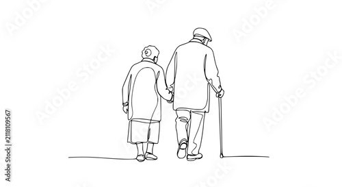 Elderly Couple Walking Hand in Hand: Simple Line Art Illustration of Senior Love