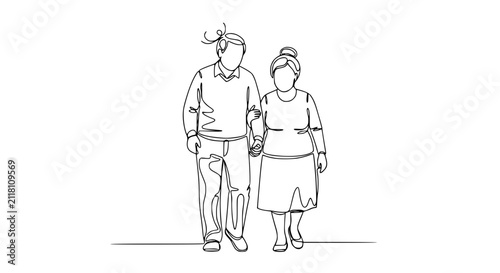 Elderly Couple Walking Together, Continuous Line Drawing, Senior Love, White Background