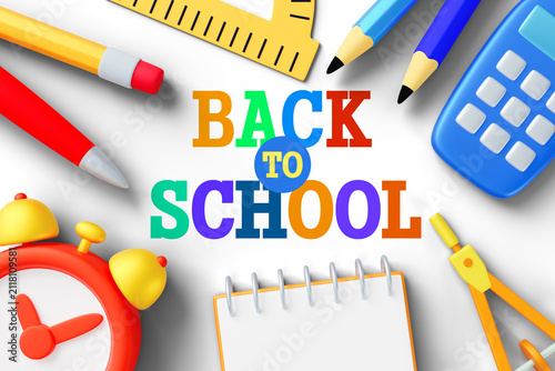 Foto Back to school background with colorful 3D text and stationery flat lay