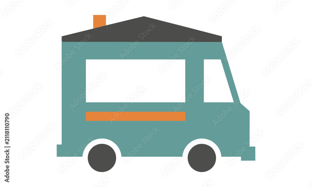 Fototapeta premium Minimalist mobile food truck icon with a serving window and counter, featuring a flat design and solid colors on a white background. Street food business concept