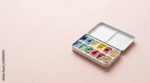 Top view of an open watercolor paint set box on a soft pink background