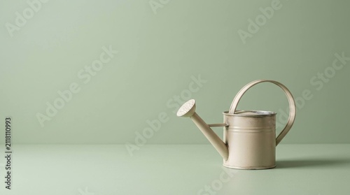 Minimalist Still Life Featuring a Watering Can on a Sage Green Surface