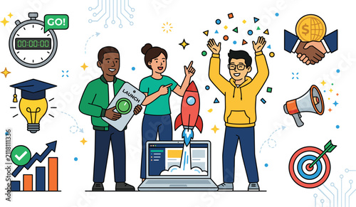 Business Startup Product Launch Concept Vector Illustration Featuring Diversity Team Celebrating New Project Release With Laptop Rocket and Financial Strategy Icons