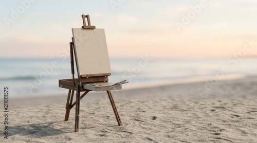 Creative Art Easel with Blank Canvas Standing on a Sandy Beach at Sunset Viewpoint