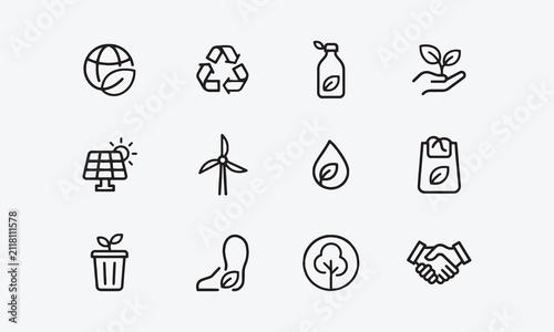 Editable eco-friendly business and green marketing line icon set for sustainable branding.