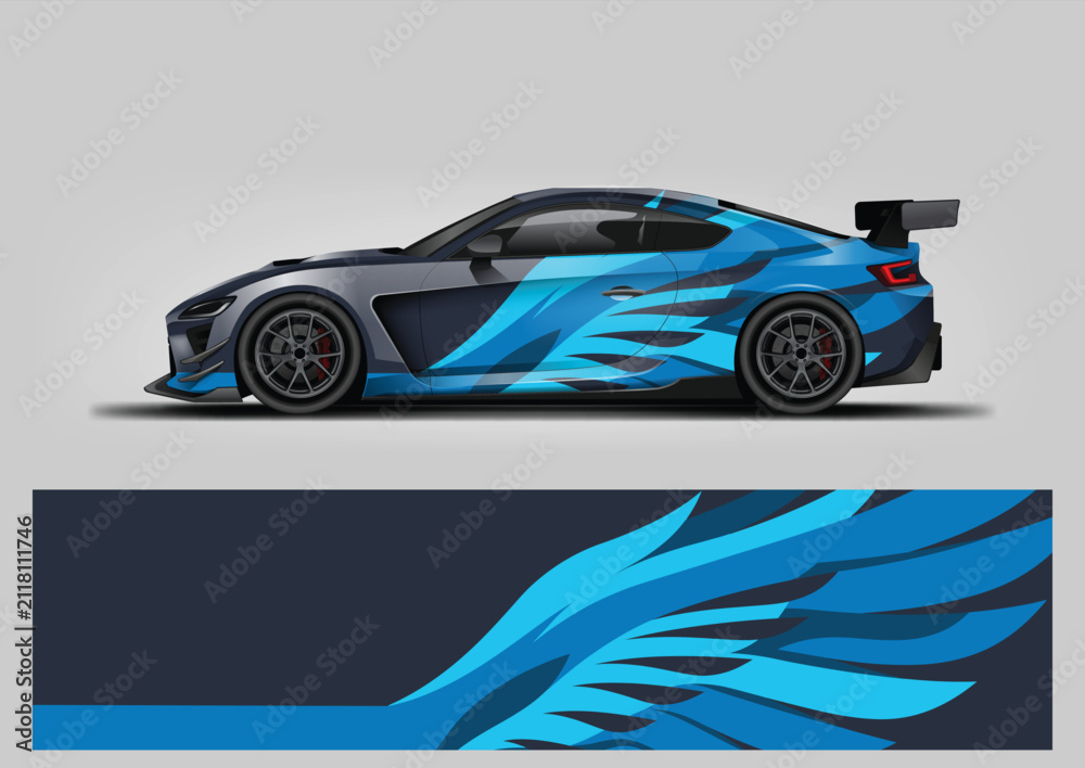 Fototapeta premium Dynamic sports car wrap design vector template with abstract wing speed graphics in bright blue and cyan