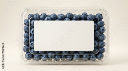 Fresh Organic Blueberries in Clear Plastic Packaging with Blank Label Mockup for Food Brand Identity