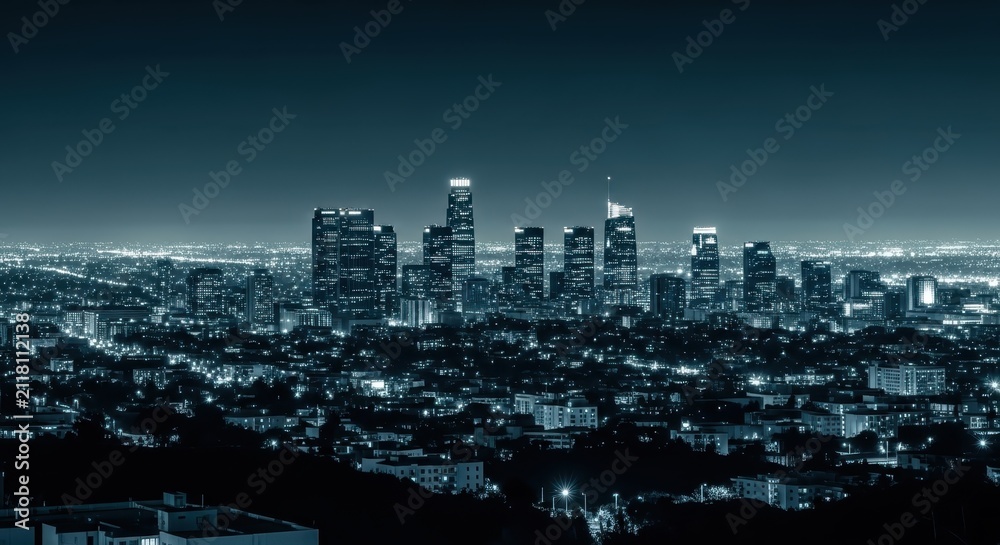 Fototapeta premium Panoramic Night View of Los Angeles Downtown Skyline with Glowing City Lights in Blue Monochrome Tone