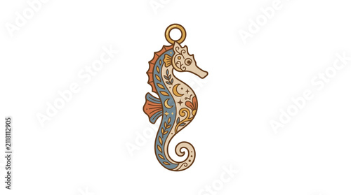 Ornate patterned seahorse illustration with tribal details.