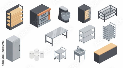 Isometric office furniture and storage units collection.