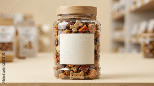 Pet Food Packaging Mockup of a Plastic Jar filled with Bone Shaped Dog Treats with Blank Label and Wooden Lid