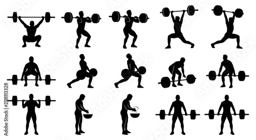 Foto Silhouettes of athletes performing weightlifting and powerlifting exercises