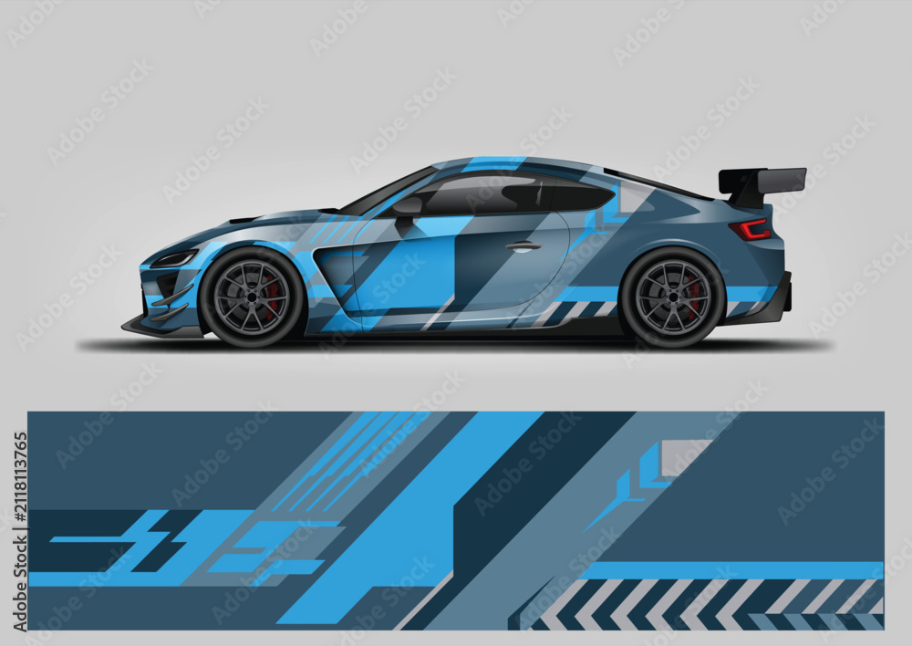 Fototapeta premium Modern urban car wrap design vector template with abstract geometric blocks in light blue and grey
