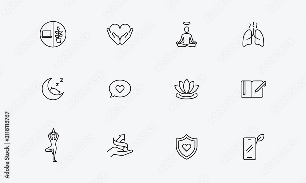 Fototapeta premium Editable wellness line icons for health, self-care, fitness, and printable vector designs.