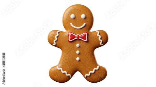 Fotografie Cute gingerbread man cookie with a red bow tie for holiday