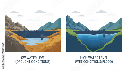 Reservoir water level comparison depicting environmental impacts of El Nino and La Nina climate cycles on drought and flood conditions