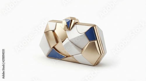 Luxurious Geometric Designer Clutch Bag with Gold, White, and Blue Accents on White Background