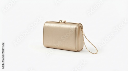 Elegant gold clutch bag with chain strap isolated on a clean white background for fashion and evening wear design