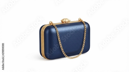 3D luxury blue clutch bag with gold chain strap isolated on white background for fashion design