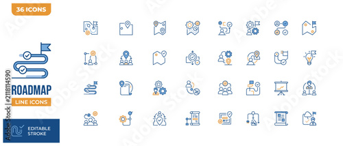 Collection of 36 roadmap line icons featuring business development and strategic planning steps