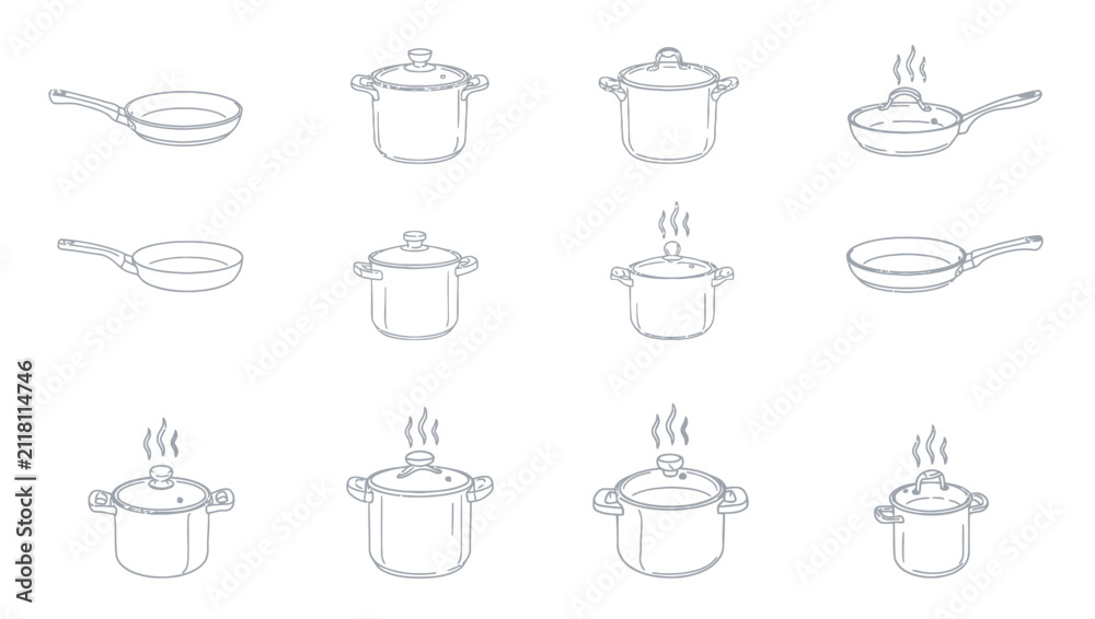 Obraz premium Minimalist line art icons of various kitchen pots and pans for cooking and food preparation