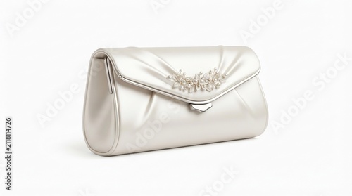 Elegant white satin evening clutch bag with crystal embellishment on a white background