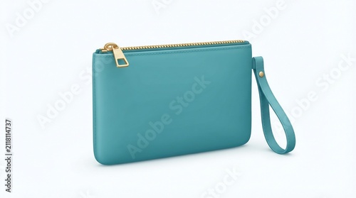 Modern cyan blue leather wristlet pouch with gold zipper isolated on white background 3D illustration