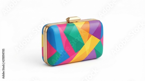Colorful Geometric Patterned Clutch Evening Bag Isolated on White Background