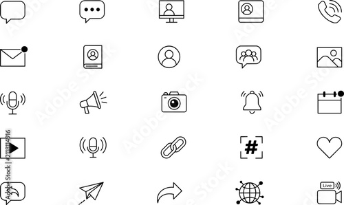 communication and marketing  icon set featuring  tools and digital interface utility icons on transparent