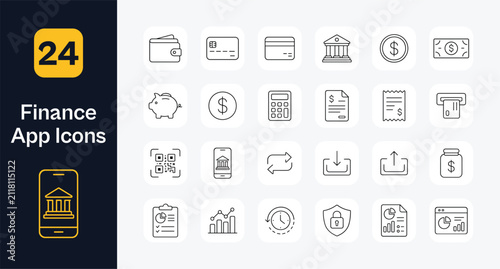 Finance app line icon set with wallet credit cards bank building coin banknote piggy bank calculator invoice receipt cash machine QR payment mobile banking transfer deposit and savings jar symbols