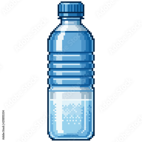 Pixel Art Water Bottle Illustration in Blue Tones on White Background