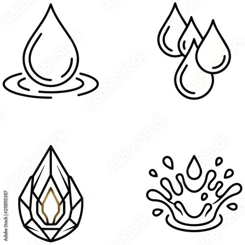 Creative minimalist water droplet icons set with splash and crystal design