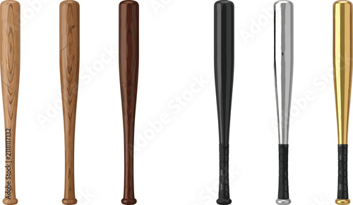 Realistic baseball bats set made of wood aluminum and metal isolated on white background vector illustration