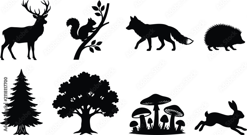 Naklejka premium Set of forest animal and nature silhouette illustrations featuring deer, fox, squirrel, trees, mushrooms, and rabbit