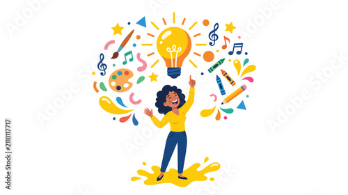 Bild auf Leinwand Illustrated person celebrating with a bright lightbulb idea above their head amid colorful decorative doodles