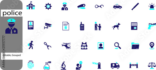 Police icon set in flat vector style, law enforcement and public safety patrol car, badge, gun, helicopter, dog, k9,  icons, professional security and justice department graphics for web design