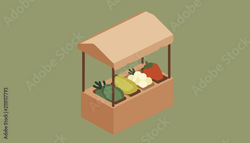 Isometric wooden market stall displaying fresh assorted vegetables under a simple beige canopy roof with colorful vegetables muted muted green background