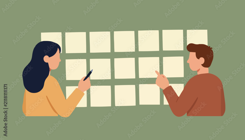 Fototapeta premium Professional team collaborating together while organizing tasks on a large grid of sticky notes with illustration style working flat vector illustration