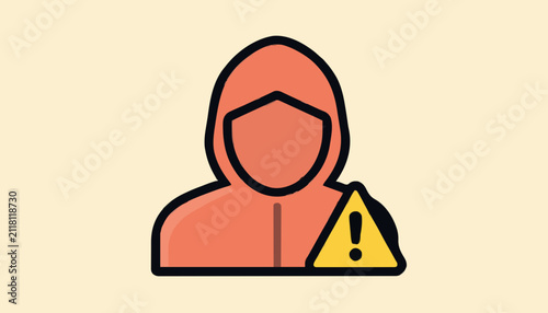 Minimalist vector icon representing cyber security threat featuring a hooded figure with warning sign symbol with vector illustration anonymous