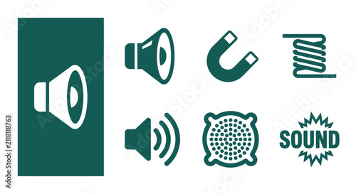 Bild auf Leinwand Dark Teal Speaker Icon Set Featuring Minimal Flat Vector Illustrations of Audio Components including Magnet Voice Coil Sound Waves and Grille on a Clean White Background Plate