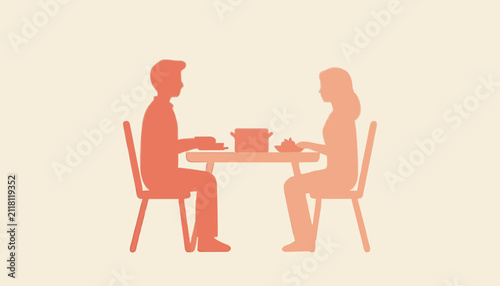 Minimalist silhouette illustration featuring a couple sharing a meal together at a dining table with flat graphic silhouette displays stylized flat