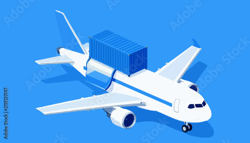 Isometric cargo aircraft carrying a large blue shipping container for global logistics air freight with isometric illustration white cargo airplane transporting