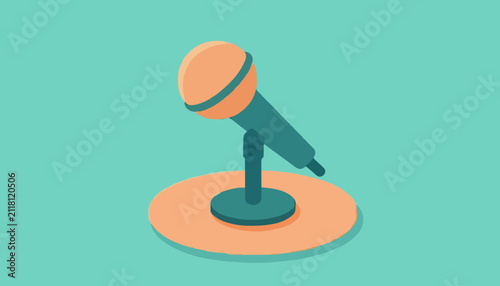 Minimalist vector illustration featuring a simple desktop microphone mounted on a circular base platform with single microphone positioned showcases stylized flat