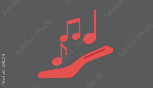 Minimalist red hand offering floating musical notes symbol against a plain dark gray background with holding several floating stylized red icon holding