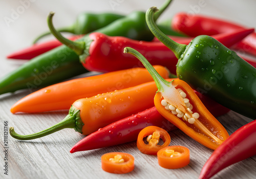 Fresh mix of red green and orange chili peppers on wooden table