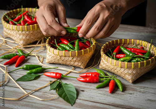 Hands sorting fresh red and green chili peppers in woven baskets