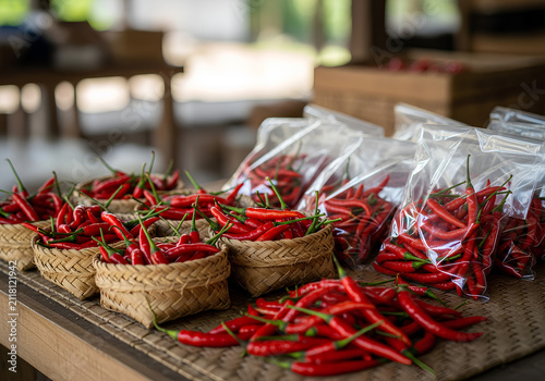 Fresh Spicy Red Chili Peppers in Woven Baskets at Local Market