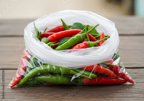 Fresh red and green chili peppers in a transparent plastic bag