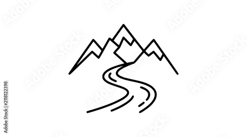 Minimalist mountain river outline icon, clean line art, travel and nature symbol