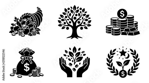 Abundance and financial prosperity black silhouette icons.